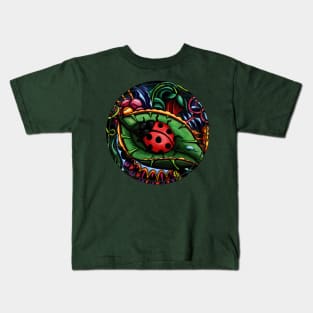 Bright ladybug on a leaf painting, whimsical nature Kids T-Shirt